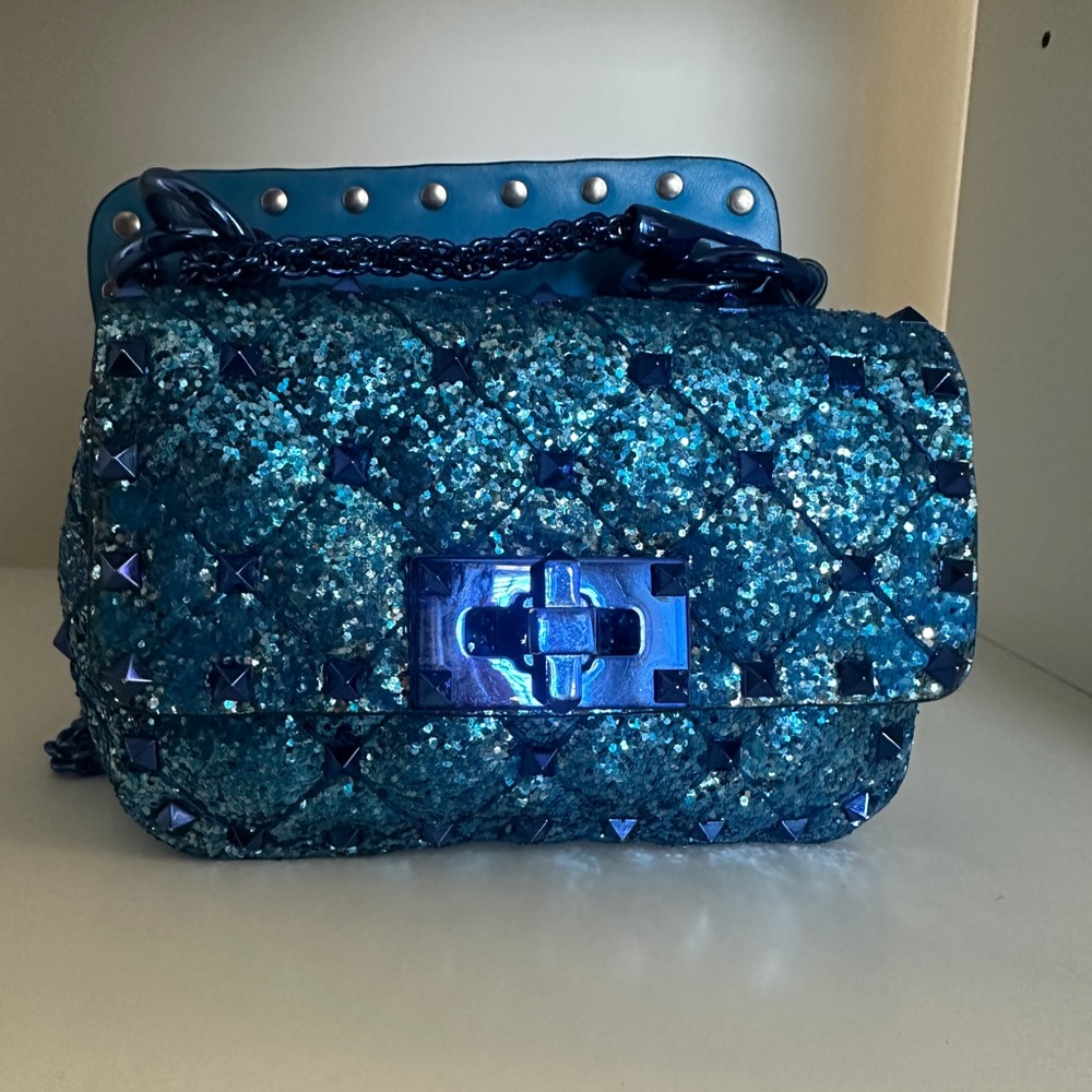 Valentino Rockstar Studded Blue Glitter Crossbody Purse Mini Bag